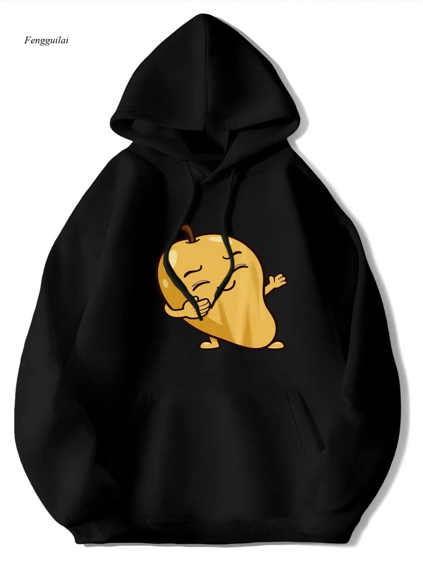 سترة بغطاء للرأس بطبعة المانجو - بلوفر ناعم يشبه الصوف مع شخصية لطيفة يبتسمة على المانجو والفرخ، وجيب الكنغر