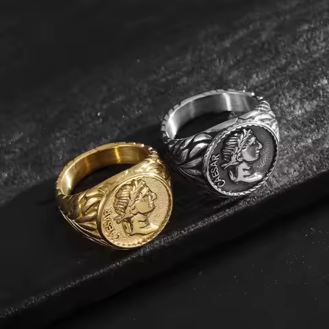 Fashion Gold Plated Men Caesar Signet Ring Luxury Stainless Steel Roman Gaius Julius Caesar Jewelry