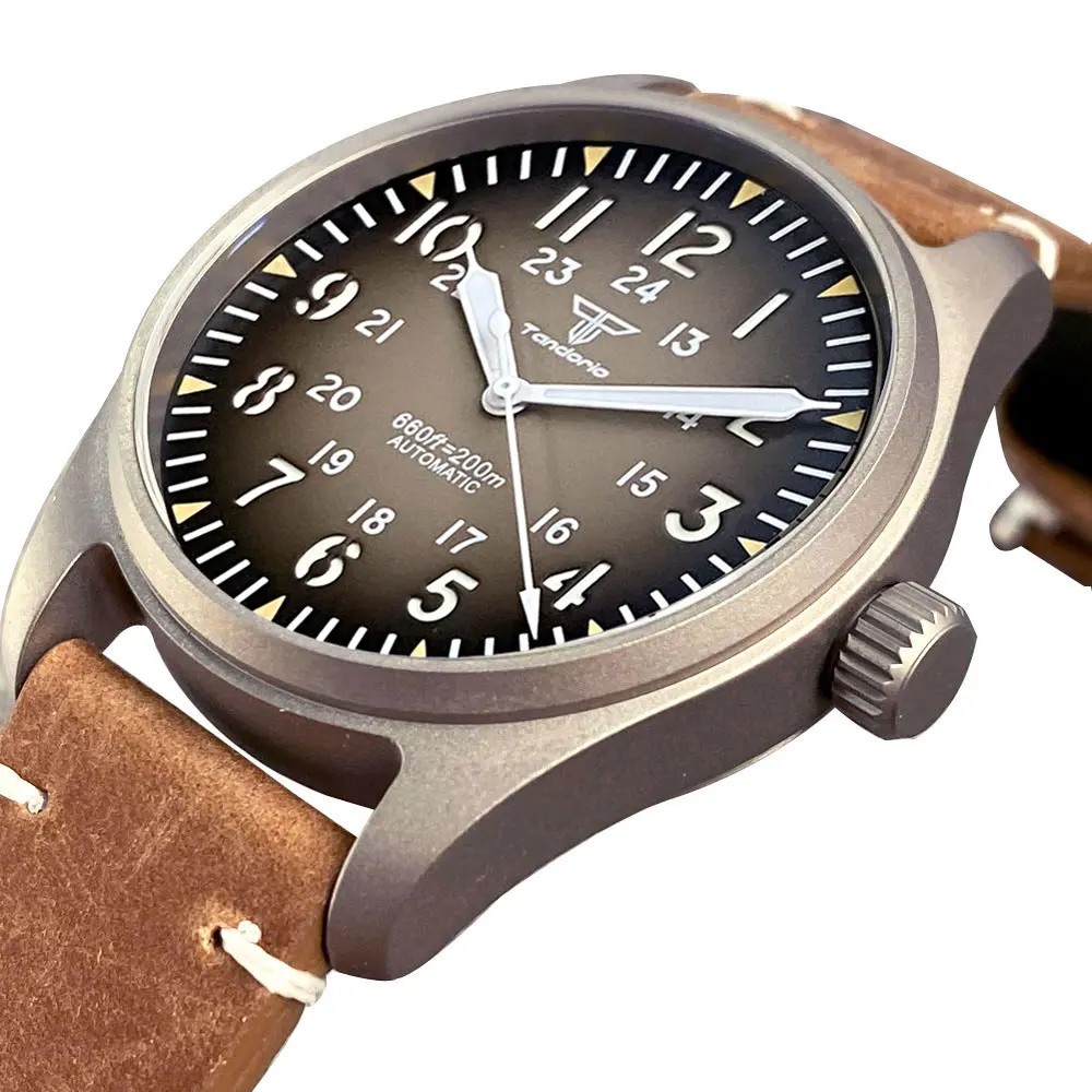 

Light 39mm Tandorio Titanium Case Sapphire Glass 20ATM Diving NH35 PT5000 Auto Pilot Business Men Watch Leather Vintage Luminous