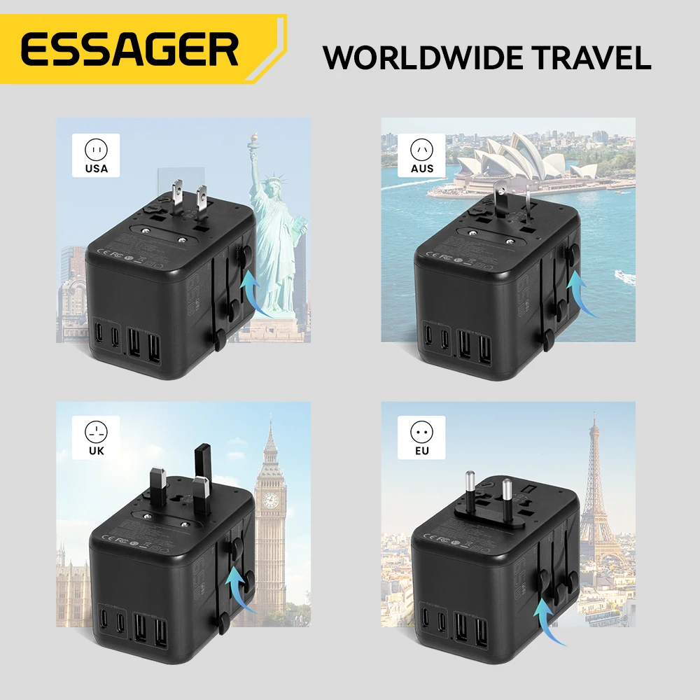 Essager 65W GaN Universal Travel Adapter with 2 USB Ports 3 Type C Fast Charging Power Adapter EU/UK/USA/AUS plug for Travel