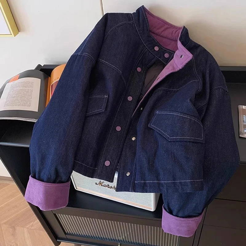 

Women Short Denim Cotton Coat Retro Splicing Color Design Winter New Style Single Breasted Colors Blocking Cowboy Cotton Jacket