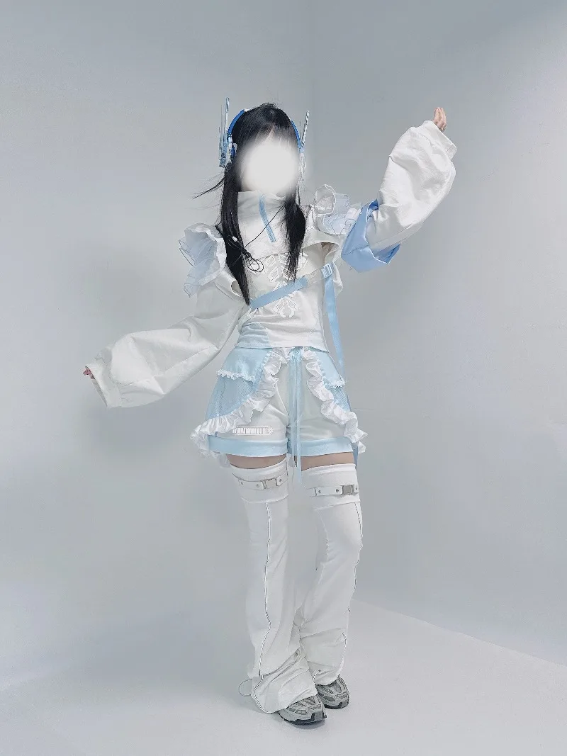 Autumn Japanese Style Cool Mechanical Blue White Watercolor Short Coat Vest Shorts Three-Piece Sets Women's Cute Cool Outfits