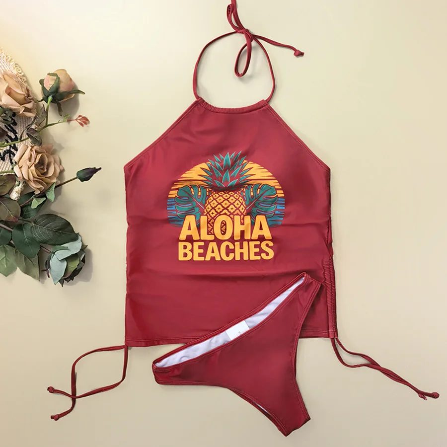 sexy red pineapple print halter vest bikinis sets two pieces thong drawstring swimsuits bathing suit swimwear biquini tankini