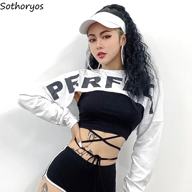 

2 Pieces Sets Women Summer Crop Tops Letter T-shirts Bandage Camis Hotsweet Cool Fashion High Street Dancing Sexy Girls Party