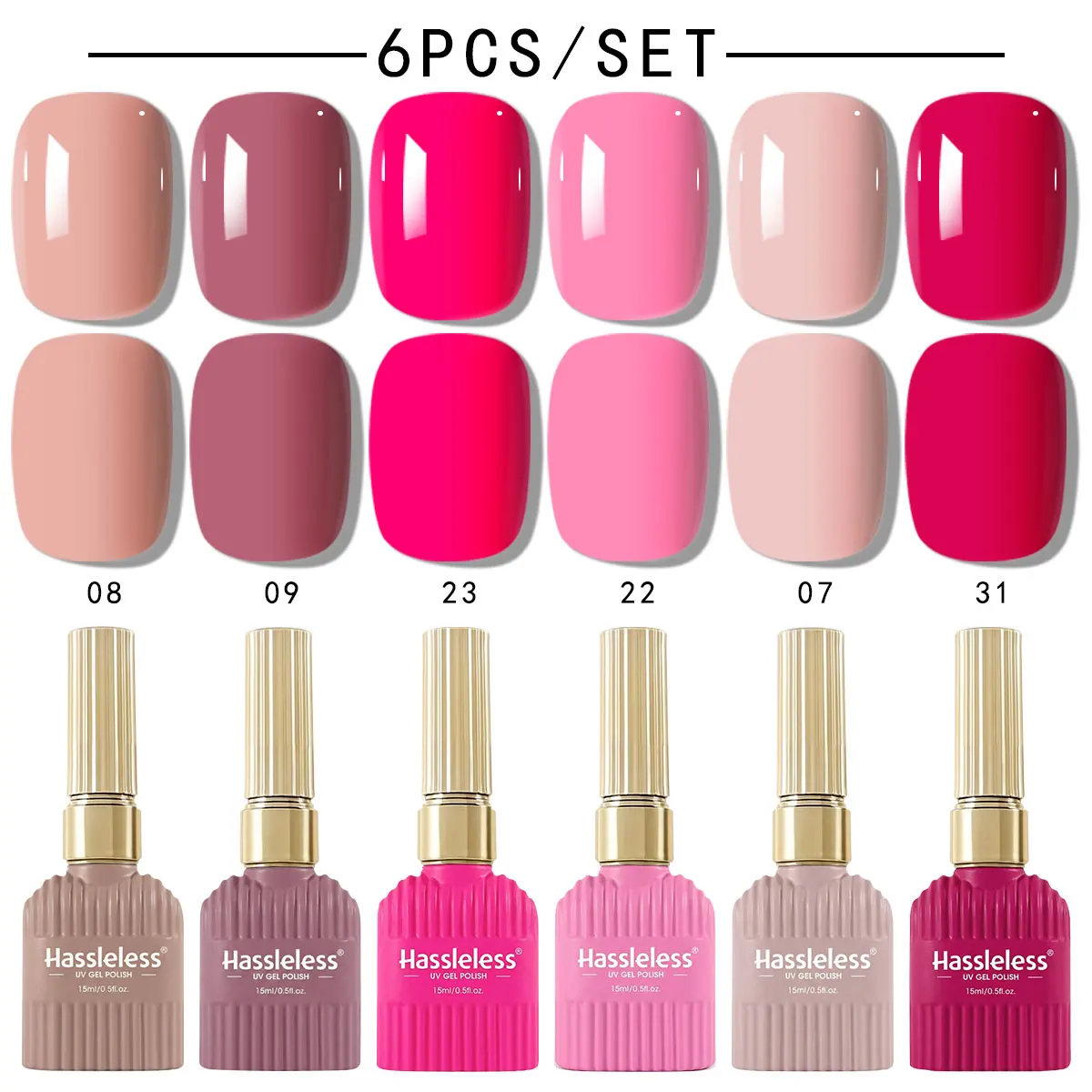 Hassleless 6-Piece Colored Gel Nail Polish Set - Multi-Color Semi-Permanent Removable Gel Nail Polish Set - Perfect for Nail Art