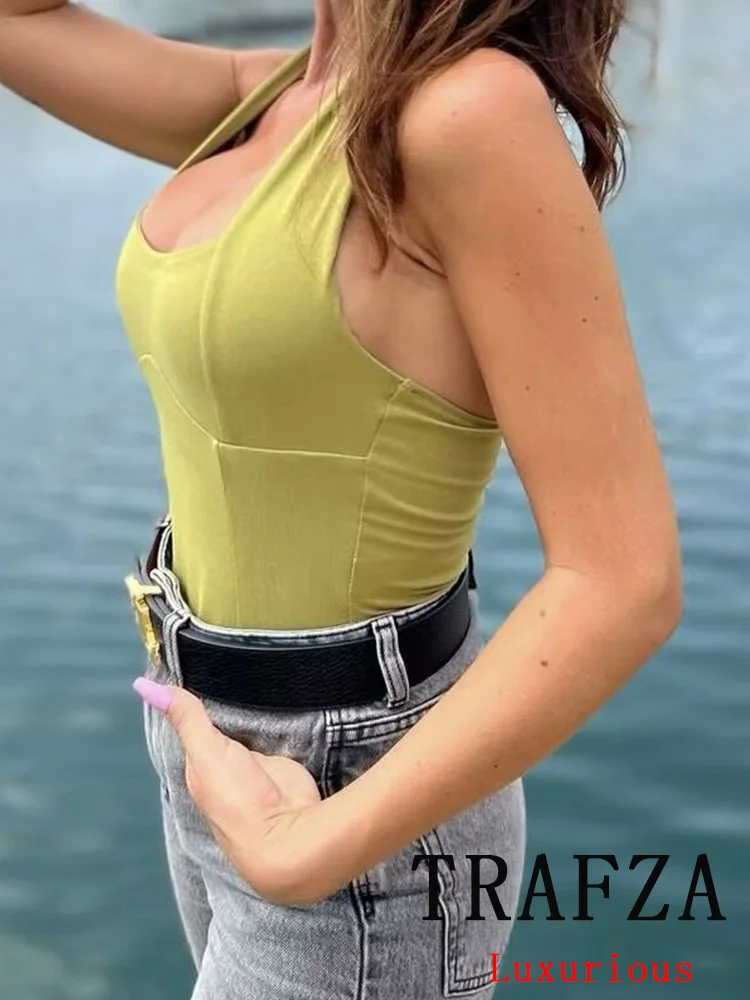 TRAFZA Vintage Sexy Chic Women Halter Tops Green Solid Backless Sleeveless Short Slim Vest New Fashion 2024 Summer Holiday Tops