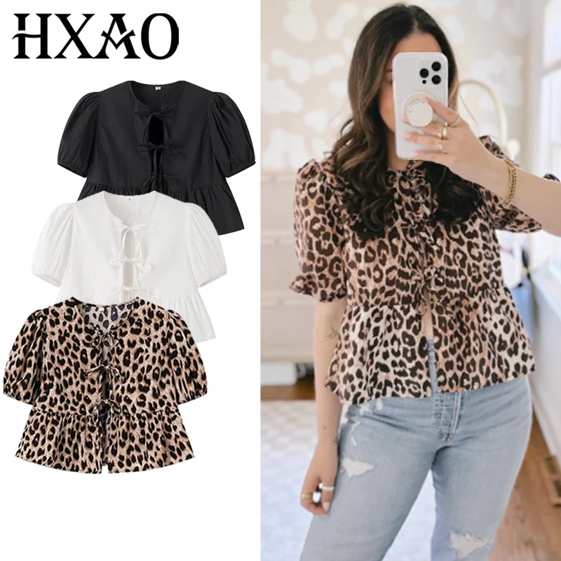 HXAO موضة فضفاضة ليوبارد قميص امرأة البلوزات خريف 2025 اقتصاص تكدرت قطع الدانتيل متابعة قميص أسود أبيض قمصان قصيرة الأكمام #1