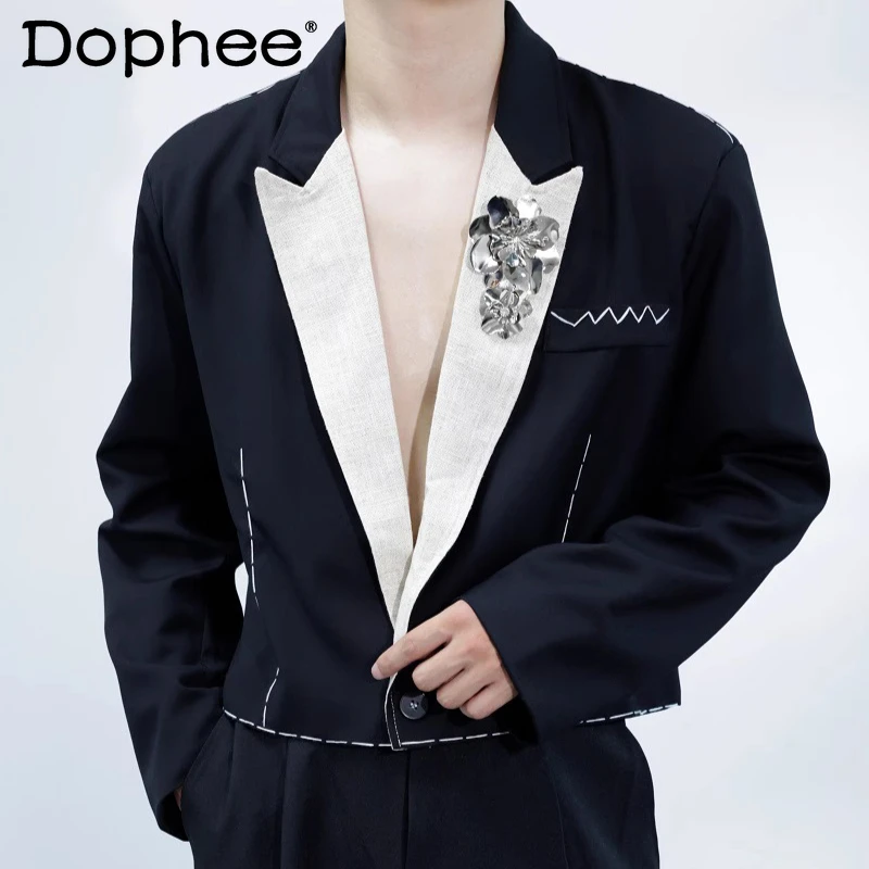 

Men's 2025 Autumn New Retro Contrast Color Short Style Suit Jackets Men's Trendy Brooch Decoration Design Stylish Blazer Jackets