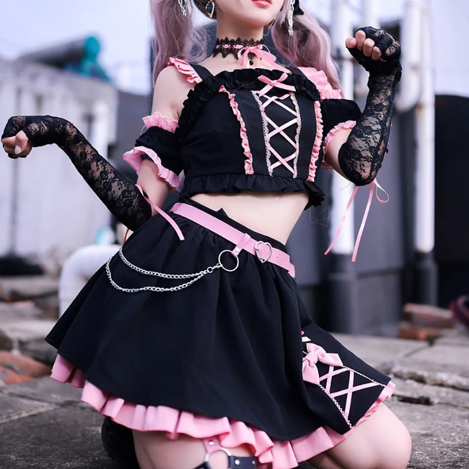 Pittige Kat Hart Jk Uniform Zwart Sweet Dark Daily Harajuku Stijl Roze Zwarte Korte Rok Set Roze Jurken Zachte Lolita Kleding