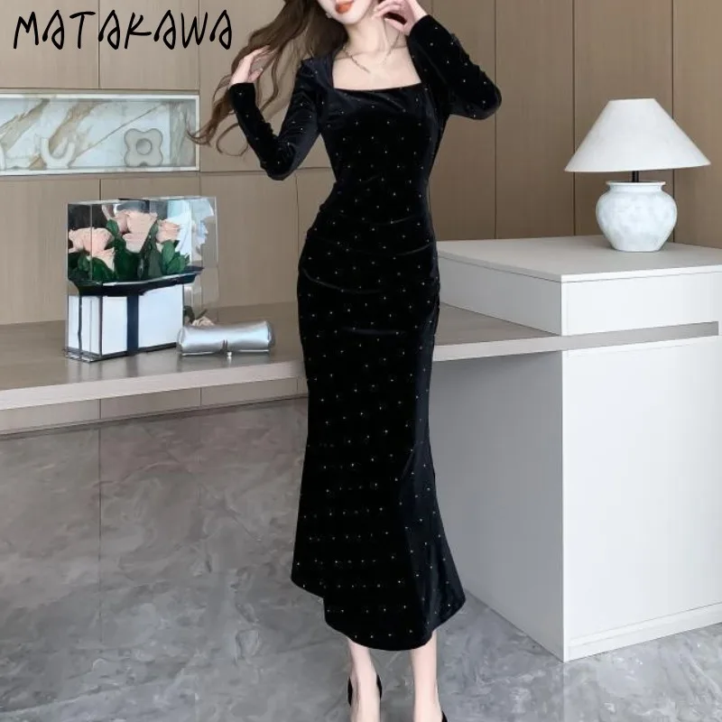 Matakawa Evening Party Dresses Women Beading Black Velvet Autumn Winter Vestidos Mujer Elegant Korean Fashion Long Dress