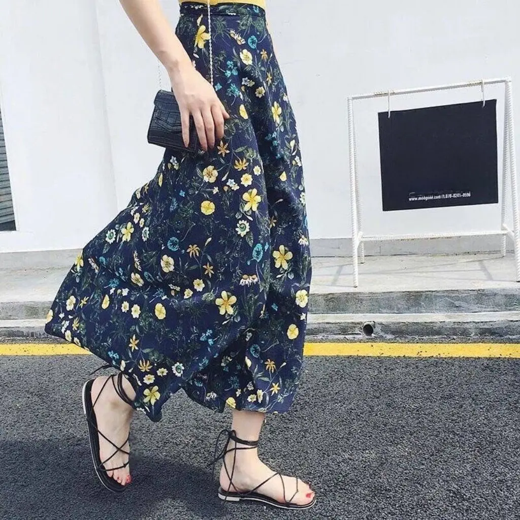 

Floral Lace-Up Wrap Skirt for Women Summer Breathable One-Piece Mid-Length Loose Beach Skirt Trendy Vacay Style