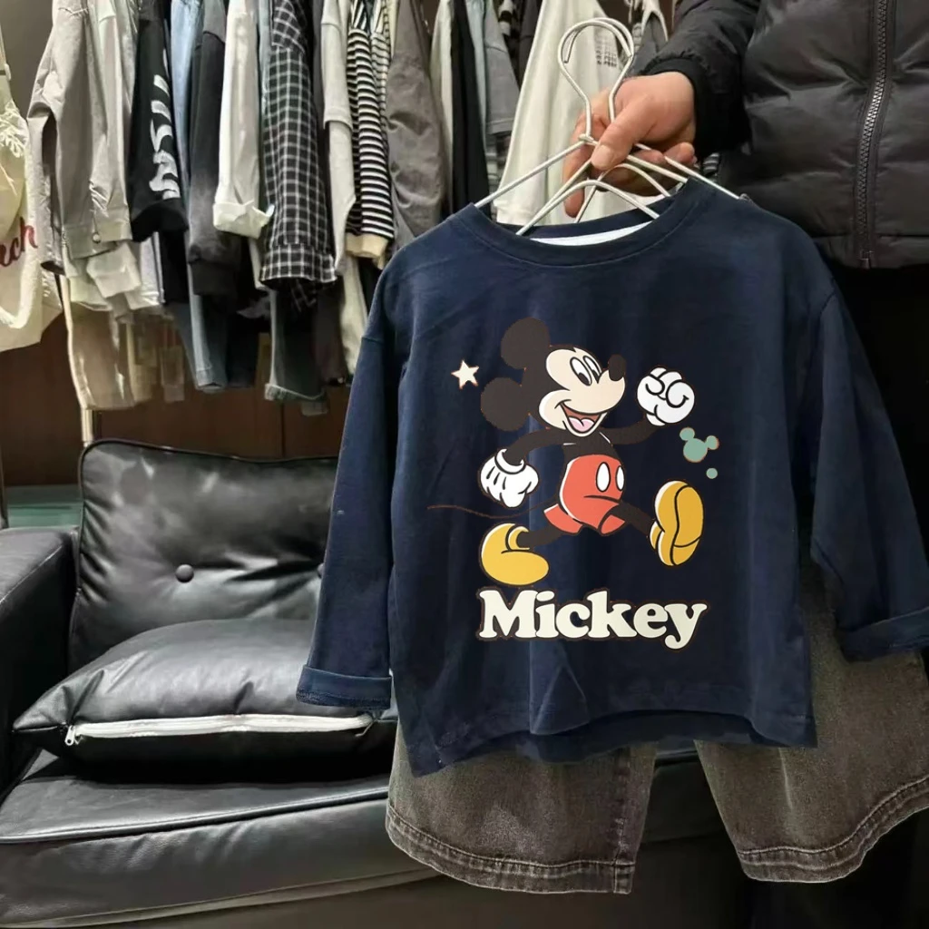 

Baby Toddler Tops Navy White Brown Coffee Tees Boys Girls Long Sleeve T Shirts Mickey Mouse Running Design For 9M-7T Children