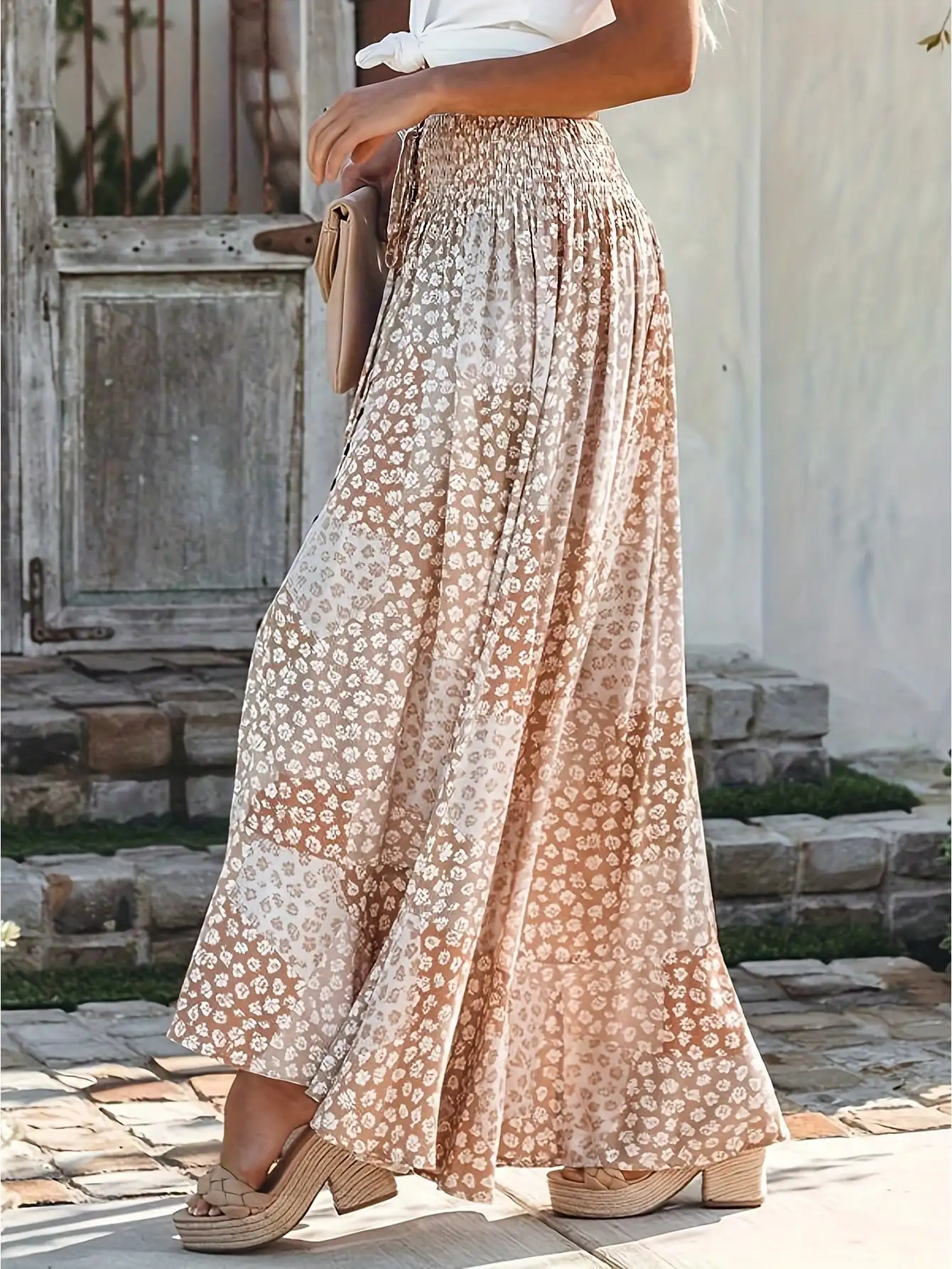 2026 New Fashion Women's Ditsy Floral Print Boho Long Skirt Smocked Drawstring Loose Layered Woven Casual Summer Flowy Max Skirt