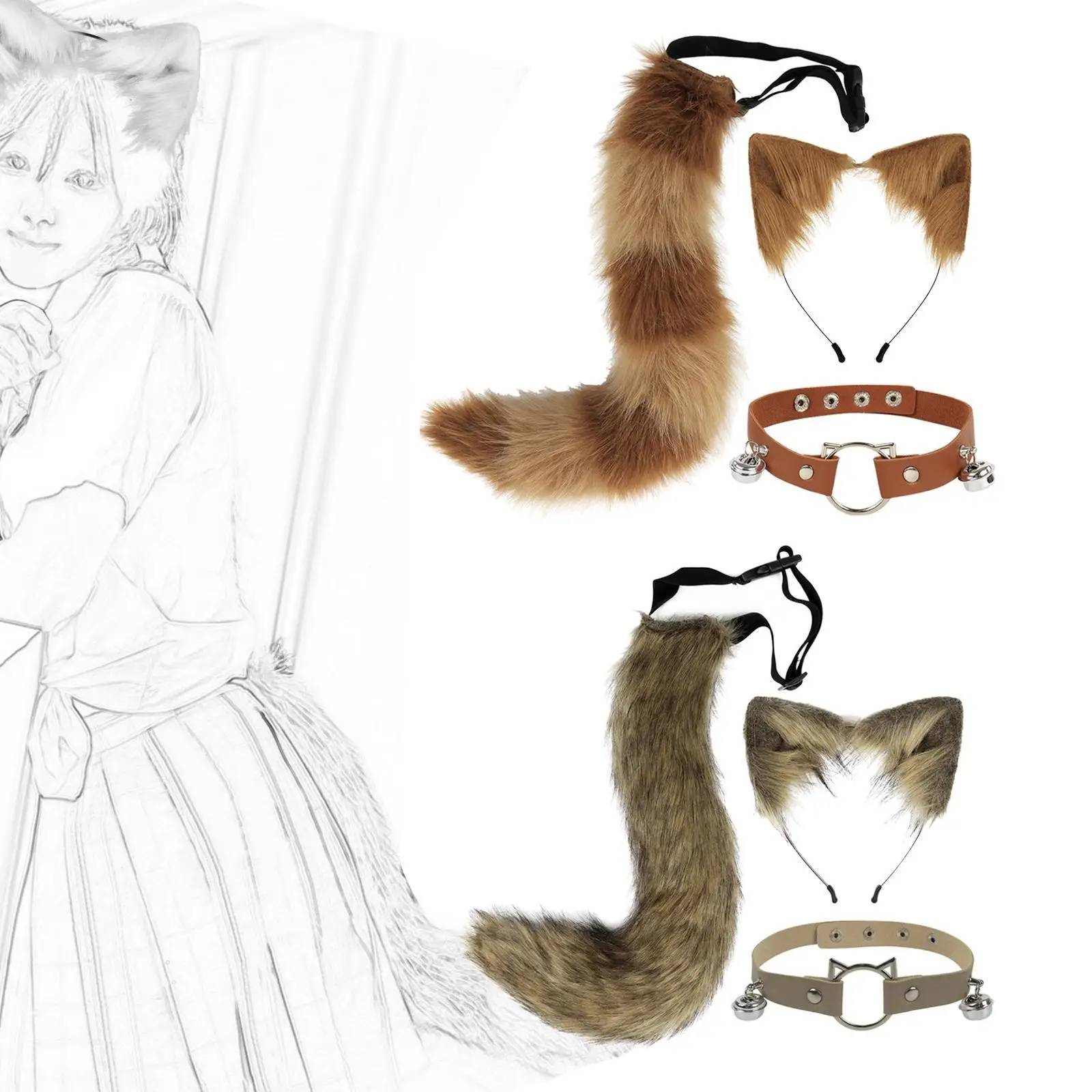 

Ears Headband Collar and Tail Set Soft for Halloween Stage Show Themed Party