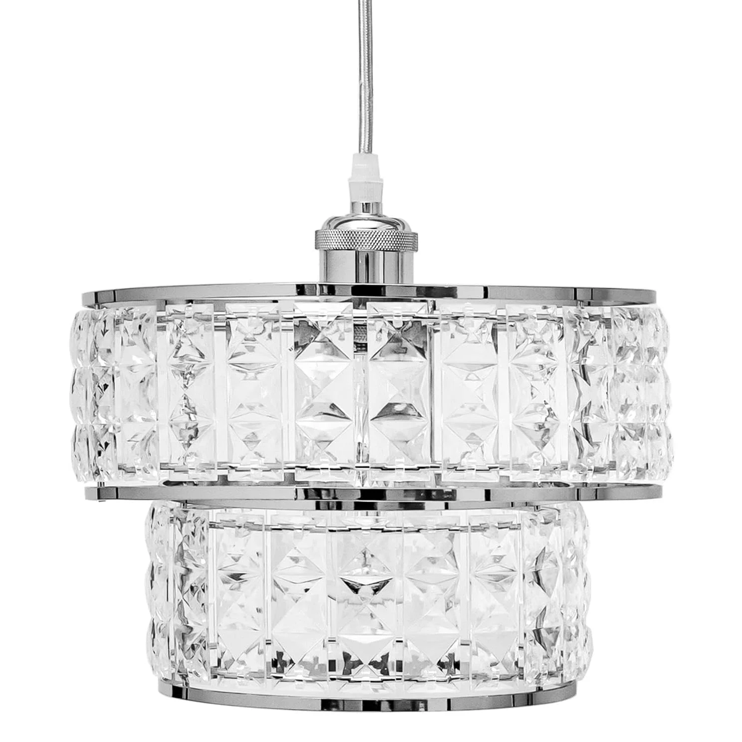 Acrylic Drum 2 Tier Lampshade - Modern Sparkly Ceiling Pendant Light Shade Decorative Lampshade - E27 to B22 Adaptor Included