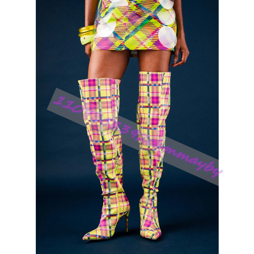 Women Bright Yellow Plaid Thigh High Boots Pointed Thin Stiletto Heel Side Zip Stretch Over Knee Party Dress Long Heeled Boots
