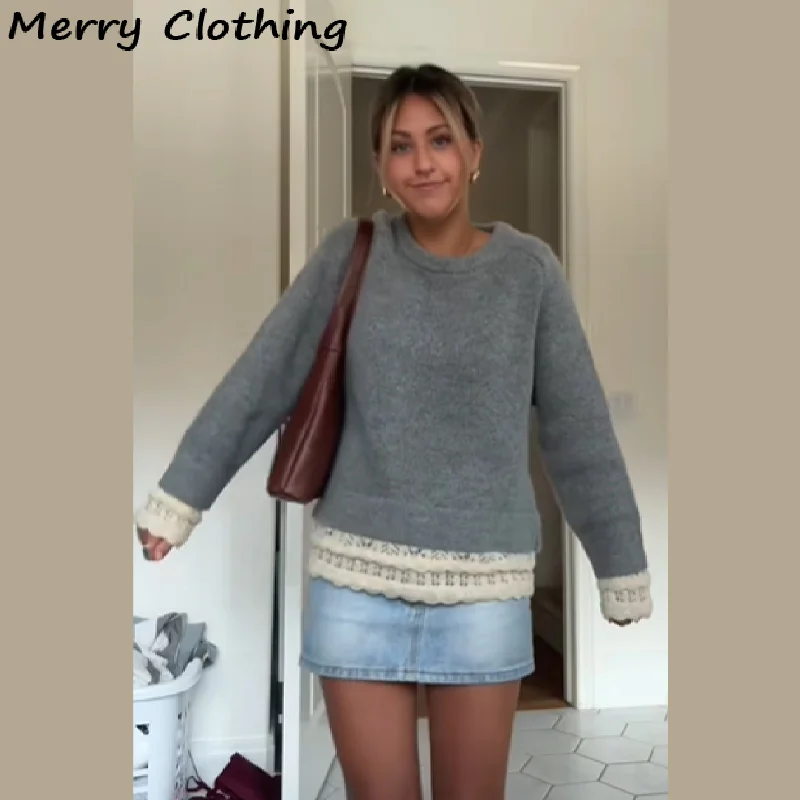 Grundlegender Rundhalspullover für Damen, Patchwork-Spitzensaum, lange Ärmel, Strickpullover, lässig, vielseitig, Tops, 2025, neue Damenpullover