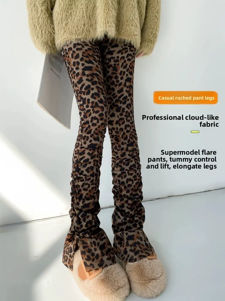 High Waist Fce Lined Yoga Pants Women's Fitn Slimming Pleated Flared Pants Autumn Winter Leopard Print Boting Trousers