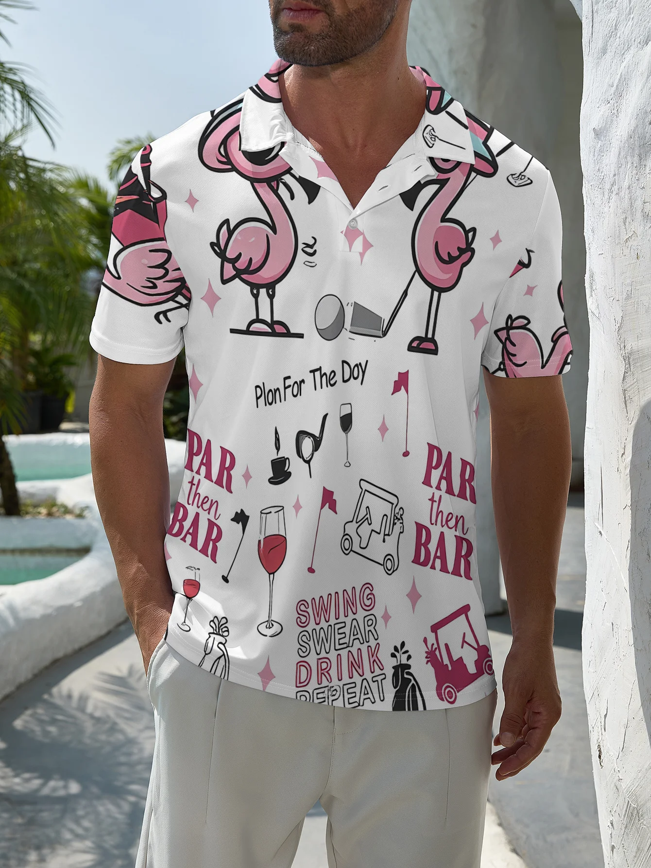 

Men'sCasual Short Sleeved Polo Shirt with Pink Flamingo Hat and Pole,Paired with Golf ElementsFeaturing"PAR BAR"Print onThe Text
