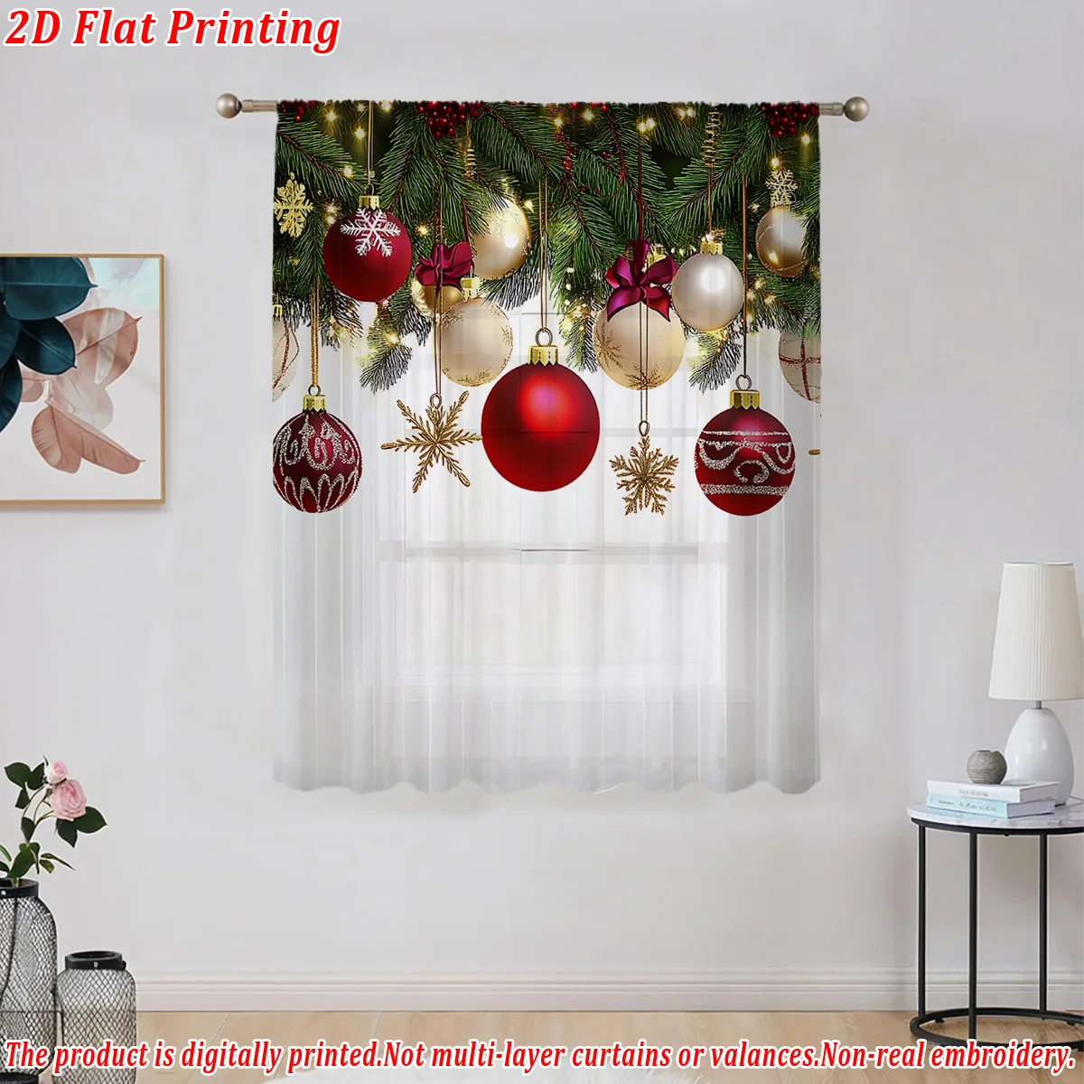 Christmas Flat Printing Sheer Curtain with Christmas Tree Bow Ornaments For Living Room Bedroom Decor Holiday Party Ambiance
