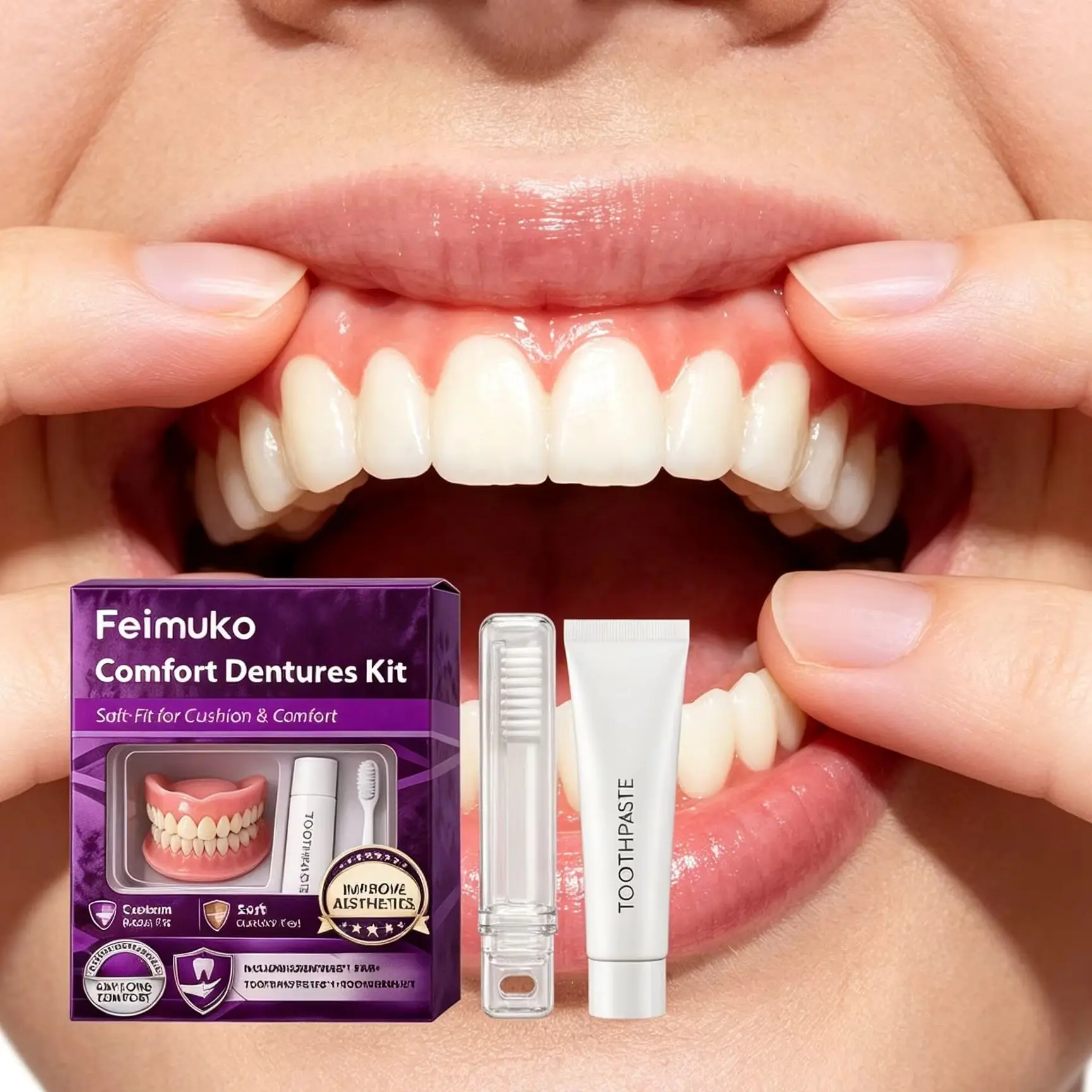 Feimuko Adjustable Denture Kit Comfortable Perfect Smile Upper and Lower Dentures for Eating Adaptable Fit Functional Dentures