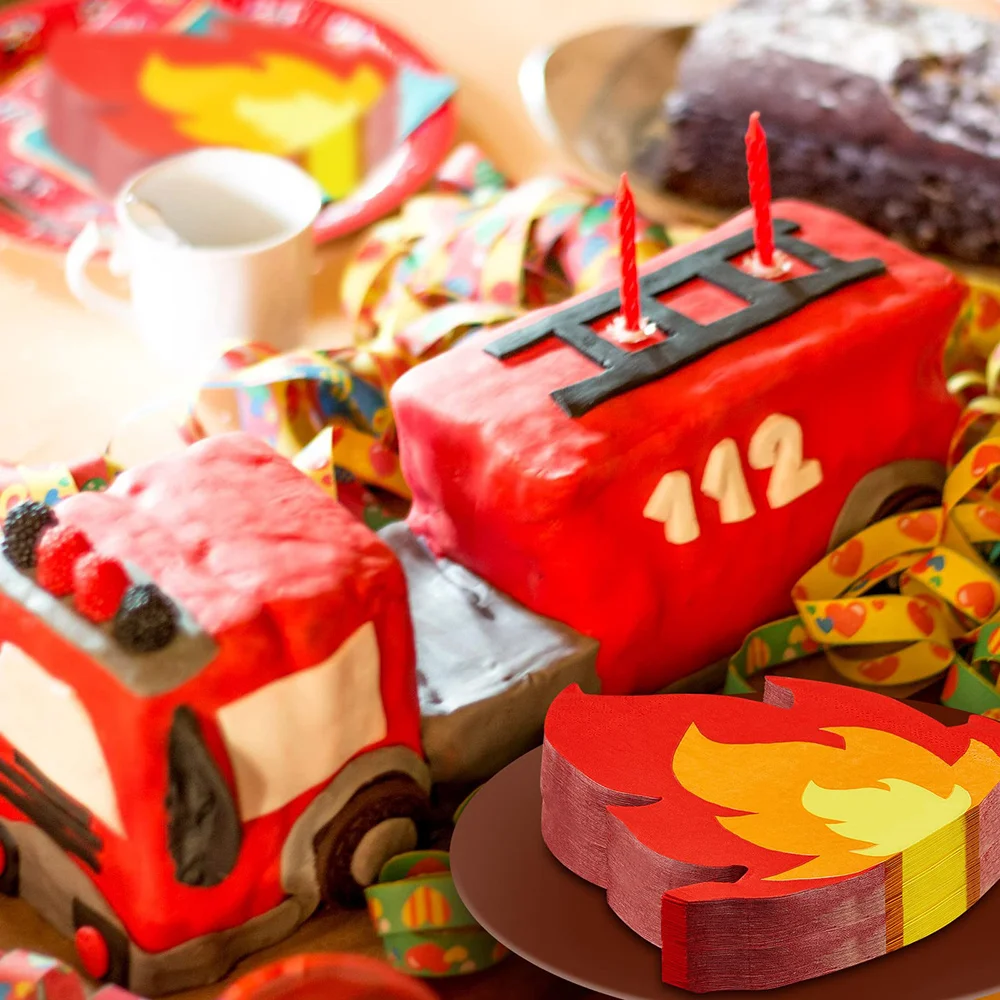 16-20 Pcs Fire Truck Birthday Party Napkins Fire Flame Disposable Paper Lunch Napkins Firefighter Theme Pentecost Party Supplies