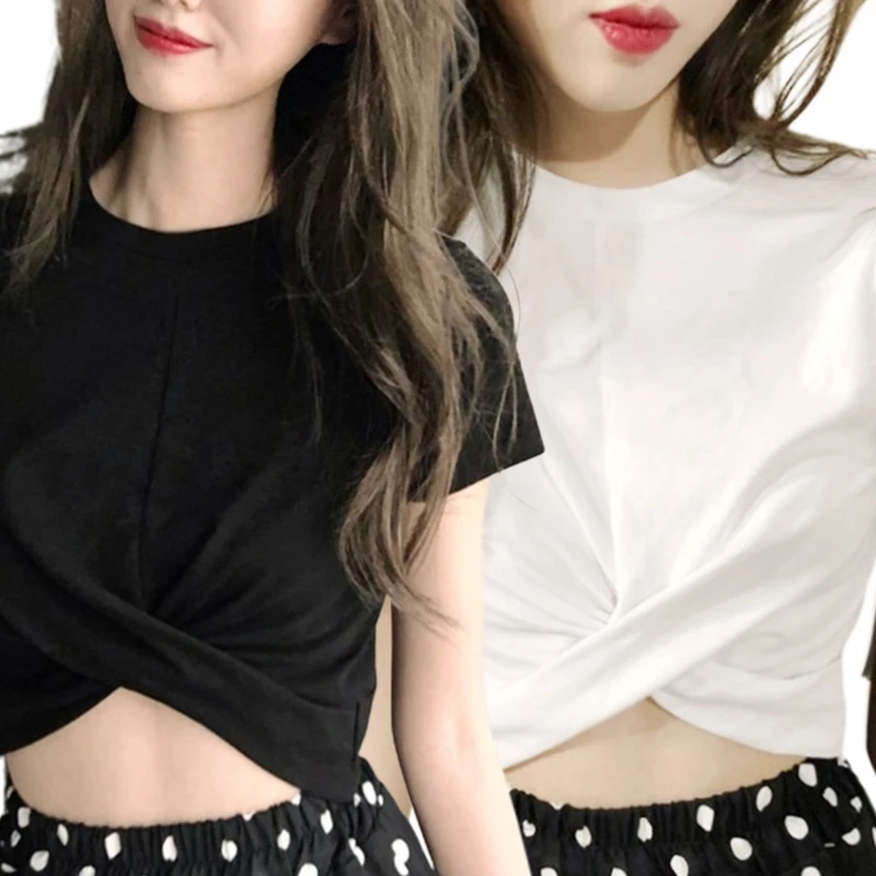 

Women Short Sleeve O-Neck T-Shirt Cross Ruched Twist Front Loose Sport Crop Top