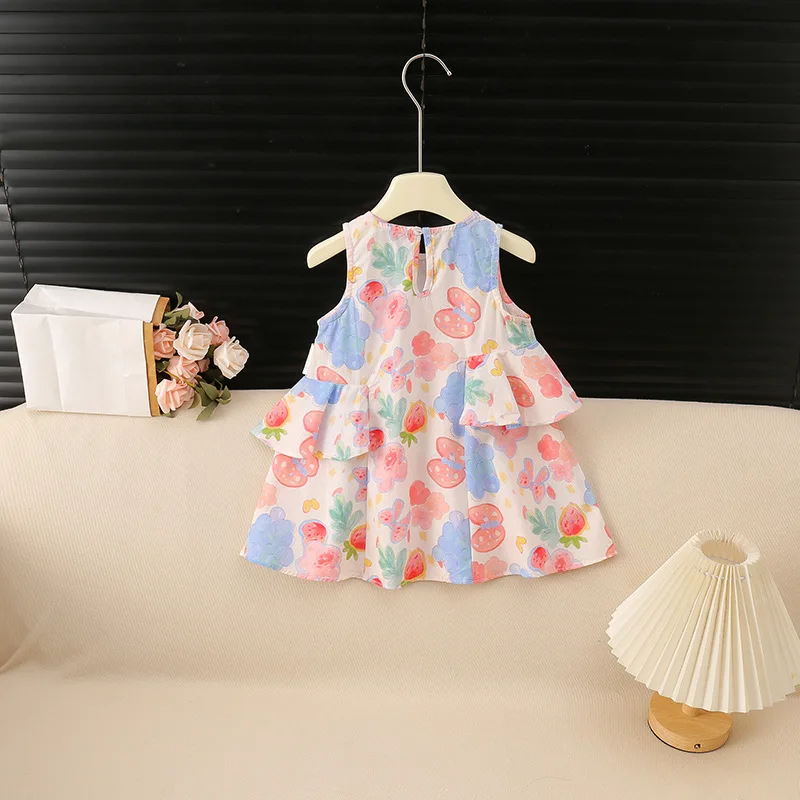2026 Summer Girls Sleeveless Dress Watercolor Strawberry Grape Floral Print Sweet Cute Casual Princess Dress For Toddler Girls
