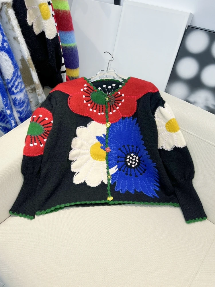 

Вязаный свитер с цветочной вышивкой в стиле ретро, женский свободный крой, осенне-зимний новый модный открытый кардиган, верхняя одежда