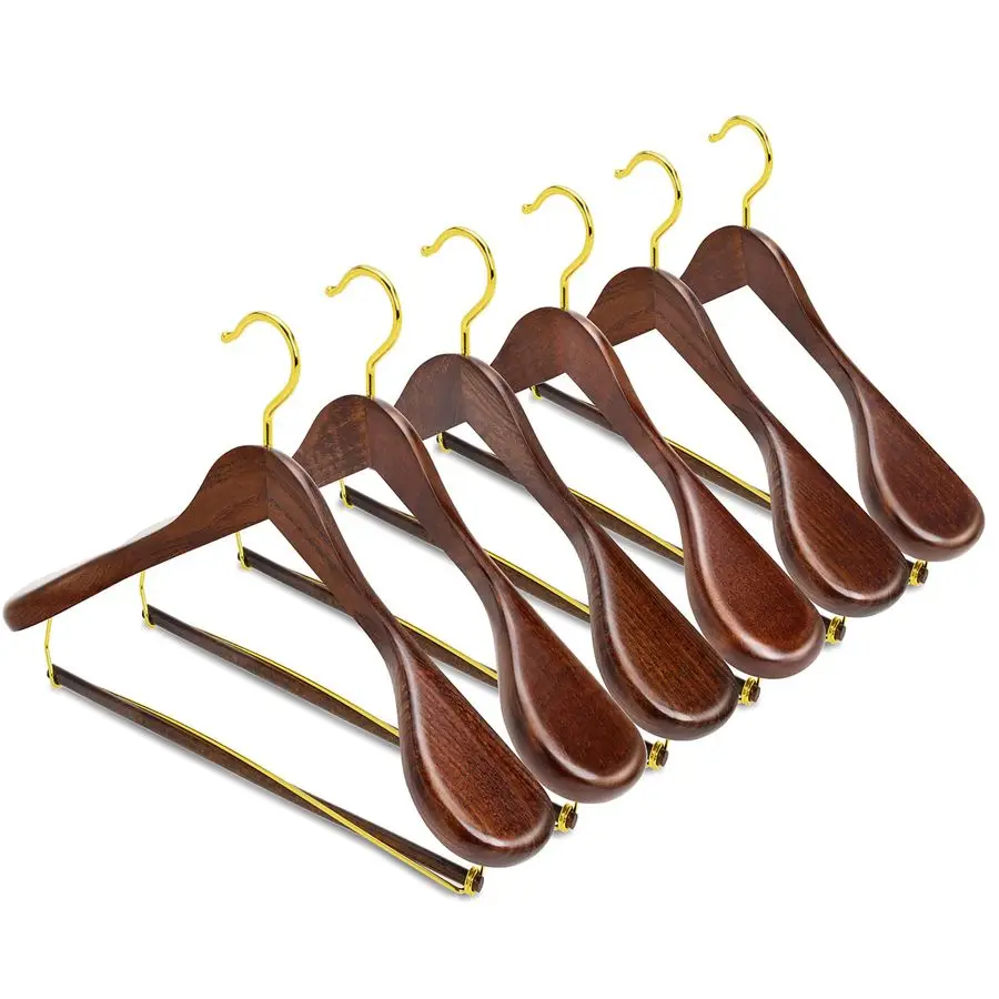 

6 Pack Retro Wooden Suit Hangers with Gold Hook, Vintage Wide Shoulder Suit Hangers with Gold Pants Locking Bar, Wood Jacket Clo
