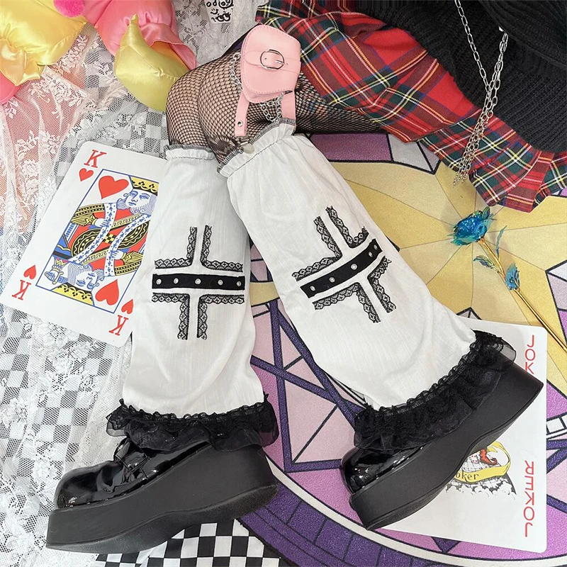 

Y2k Girl Black Lace Cross Eyelet Ribbon Ruffles Cotton Leg Warmer White Goth Women Rock Thin Foot Cover Harajuku Sweet Sock 2023