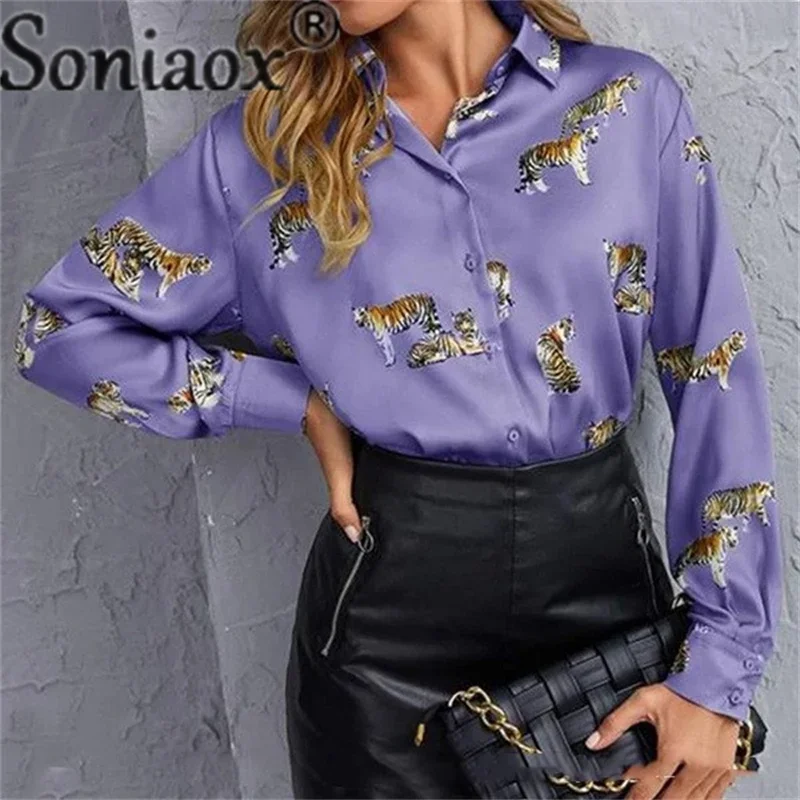 Elegant Style Tiger Print Shirt Women\'s Lapel Long Sleeve Single-breasted Cardigan Tops Ladies Commuter Loose Blouse Large Size