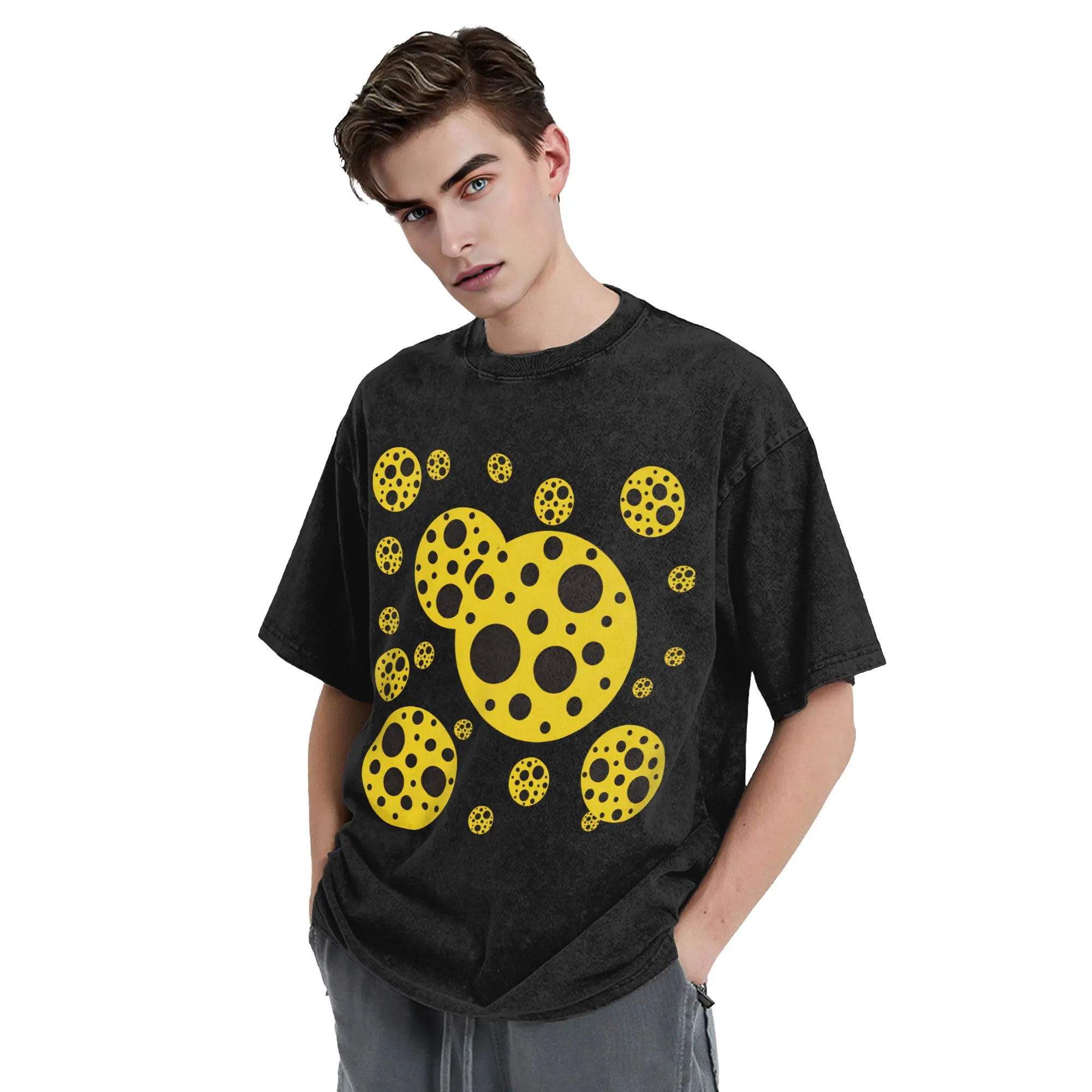 Yellow And Black Polka Dot T Shirts Hip Hop Washed 100% Cotton Oversize T-Shirt Yayoi Kusama for Men Women Tops Printed Tees