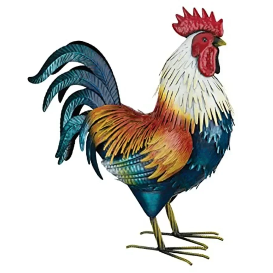Handcrafted metal rooster statue for farmhouse yard art decor, rust-resistant iron, rustic red finish, weatherproof and durable