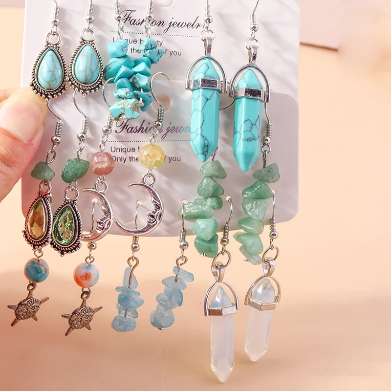 Frauen Ohrringe Sets Vintage Silber Überzogene Türkis Stein Tropfen Ohrring Böhmen Hexagonol Wasser Baumeln Ohrringe Schmuck Geschenke – Detail 2