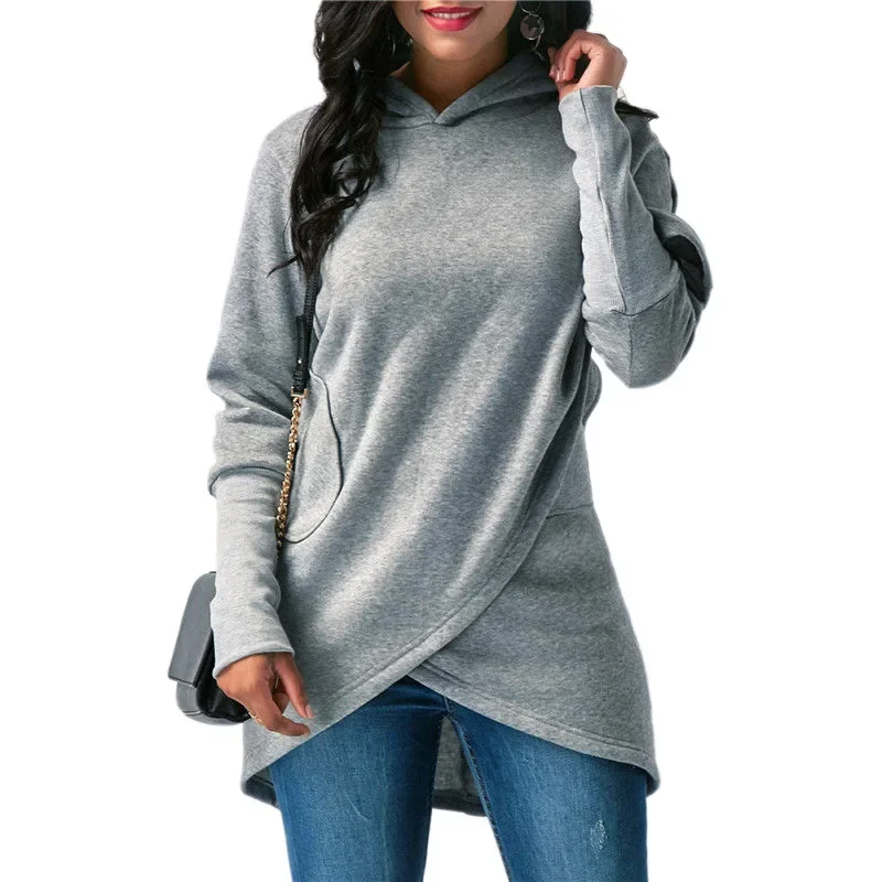 2021 Solid Sweatshirts New Female Casual Warm Hooded Jumper Women Autumn Winter Long Sleeve Pocket Irregular Pullover Hoodies
