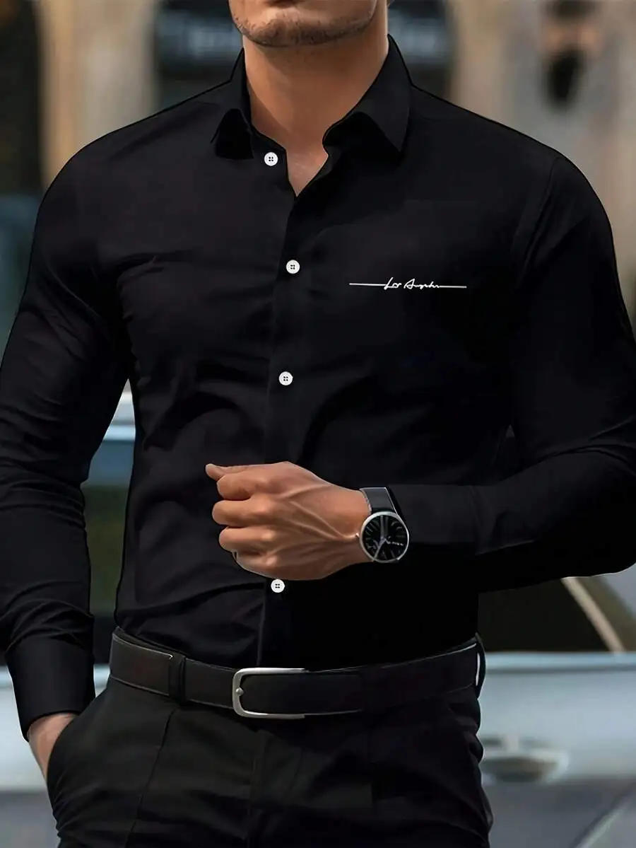 

Мужская приталенная черная рубашка с длинным рукавом и вышитым фирменным логотипом