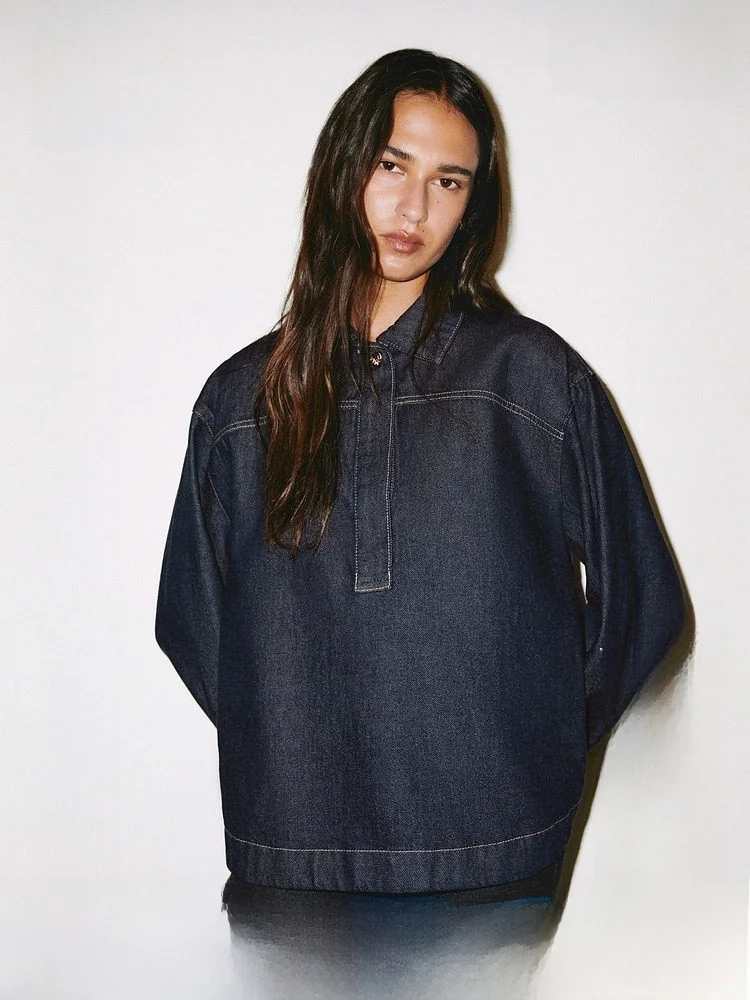 

H&M Women's Button-Up Casual Cotton irt Spring 2026 Commute Original Jeans High nce Sensation Long Sve Flip Collar