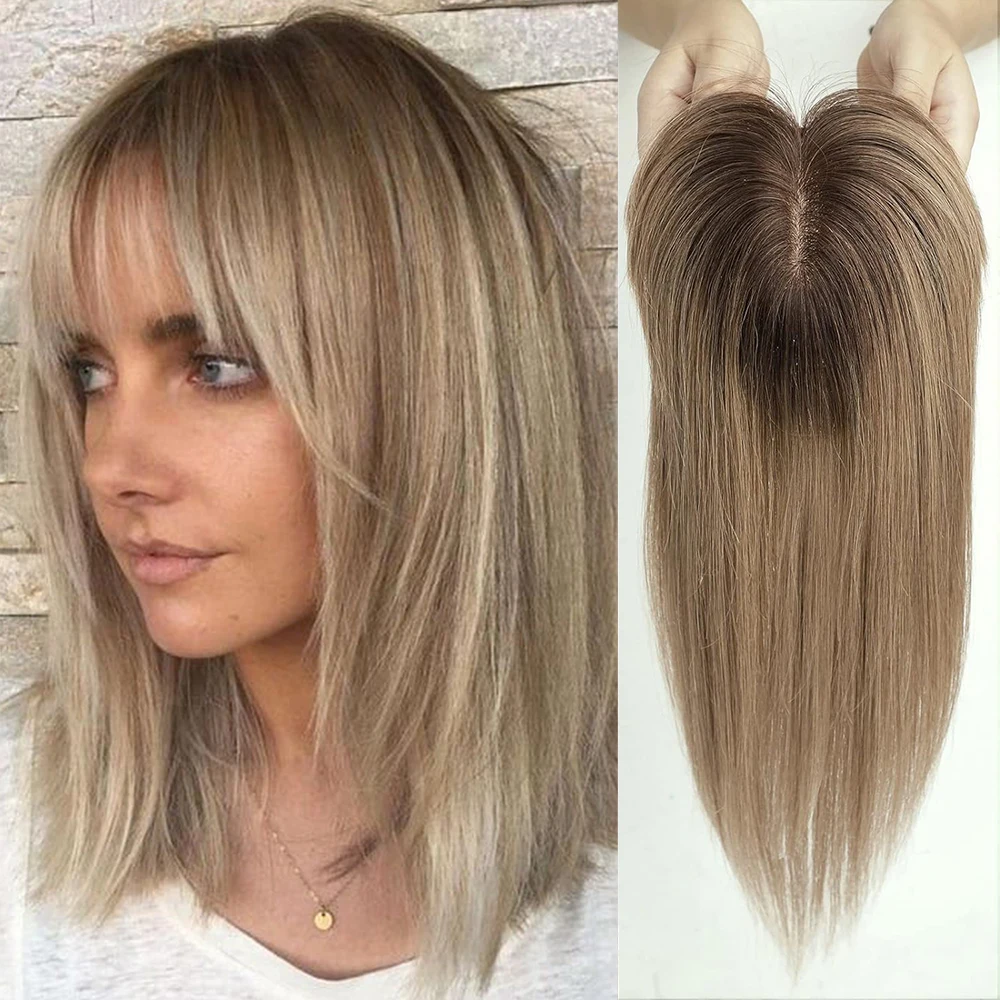 100% Remy Human Hair Toppers for Women Straight Brown Ombre 10inch Human Hair Topper with Bangs Silk Base Clip in Hair Extension image 3