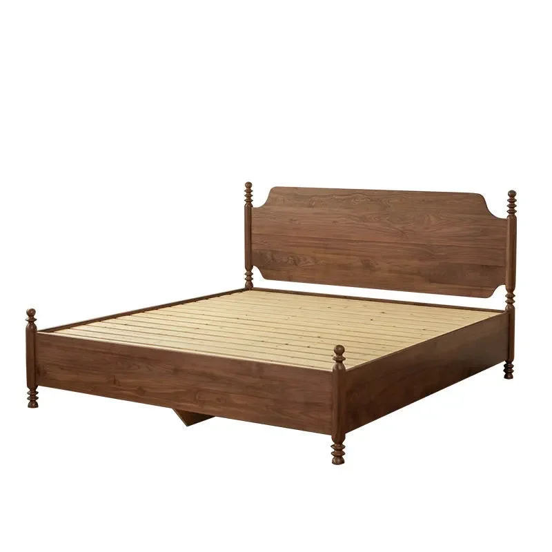 

American all solid wood storage black walnut double box bed, retro log master bedroom queen bed