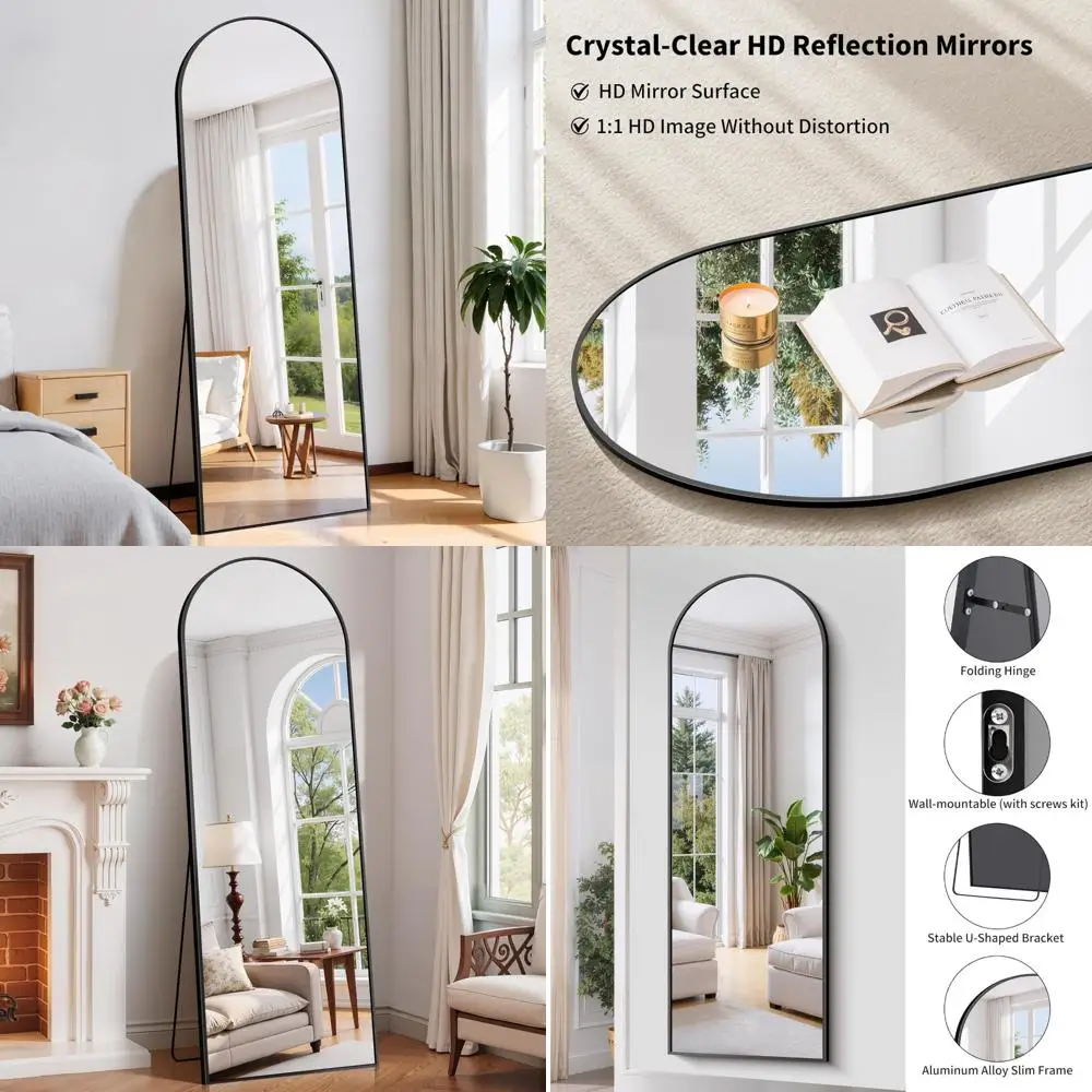 알루미늄 프레임 아치형 전신 거울, 68x22 블랙 스탠드형 바닥 거울, 걸이 및 전신 거울 사용 가능