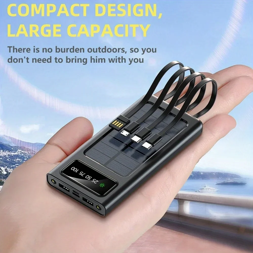 Solar Power Bank 200000mAh Fast Charging Portable Charger With Built-in 4 Cables For iPhone Samsung Huawei Xiaomi Phones Travel