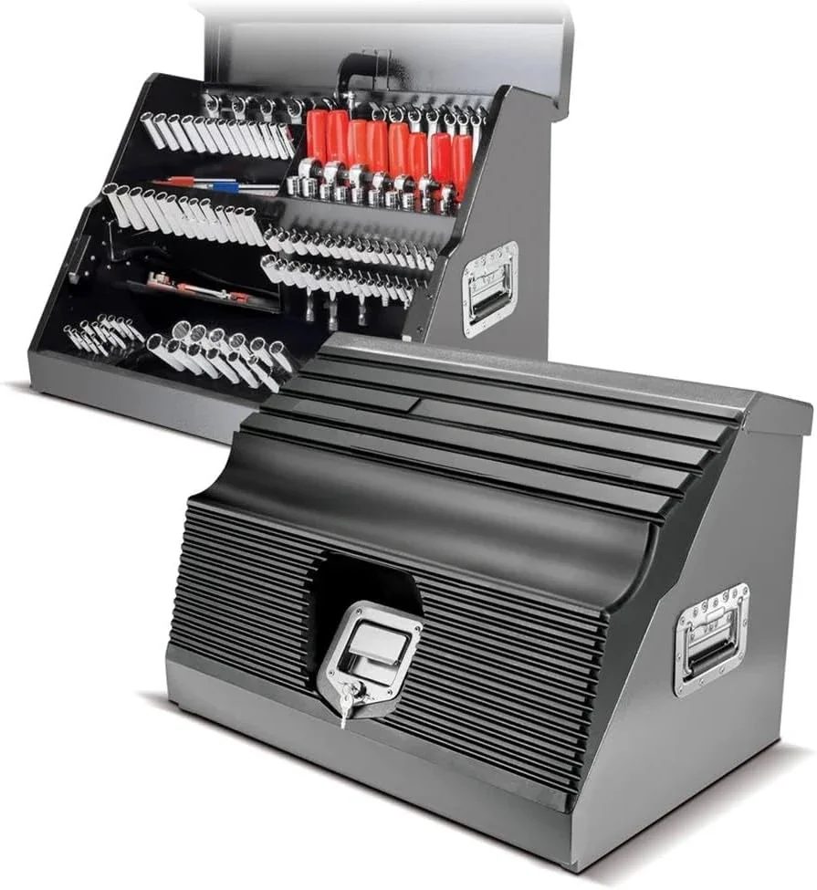 26 Inch Portable Slant Front Rapid Toolbox Tiered Tool Holders, 16 Gauge Steel, Weather-Resistant Lockable Magnetic Lid,