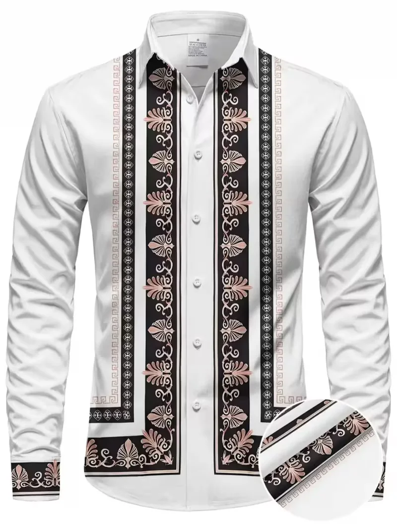 

New men's geometric pattern 3D flower print long sleeved shirt, fashionable retro collar button up top shirt