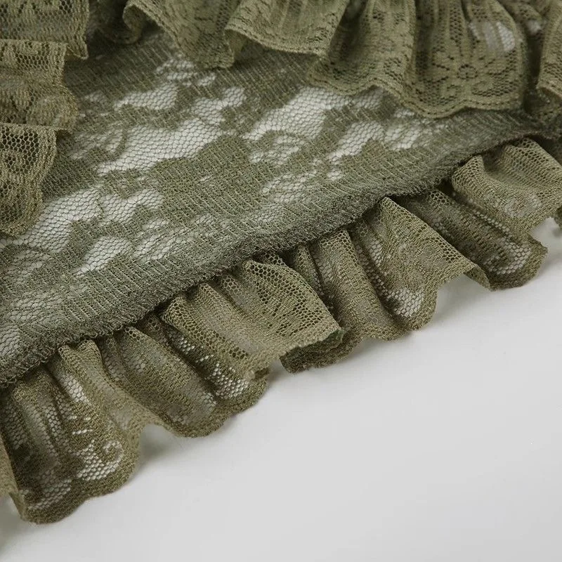 Modische Grüne Spitzen-Oberteile mit Bändern, Gothic Transparente Ausgestellte Ärmel, Crop-Mantel für Damen, Durchsichtige Patchwork-Club-Party-Glockenärmel-Blusen 2026 – Detail 13