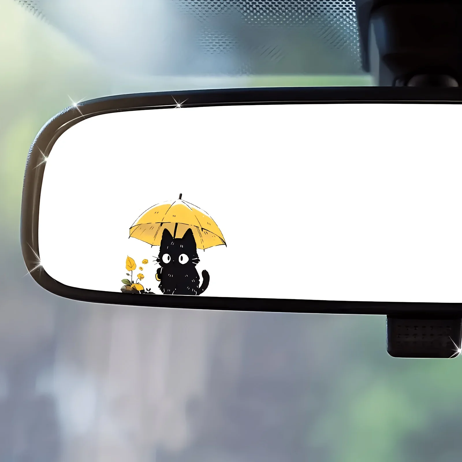 Cute Black Cat Yellow Umbrella Graphic Vinyl Stickers, Waterproof Self-Adhesive Decals for Car Rearview Mirror Window Decor