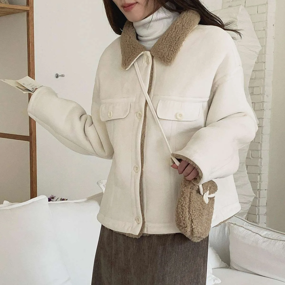 Korean Sle Warm ort Jaet Lamb Fur Deer Skin Velvet Collarl Coat Women's Matching Small Crossbody Bag Polyester Fiber