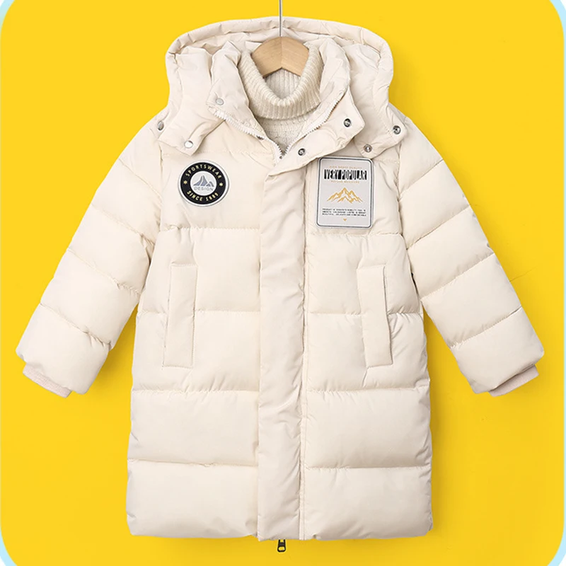 2025 Winter Girls Jacket Long Solid Color Thick Warm Hooded Zipper Windbreaker Coat For 4-10Y Teen Boys Cotton Down Snowsuit