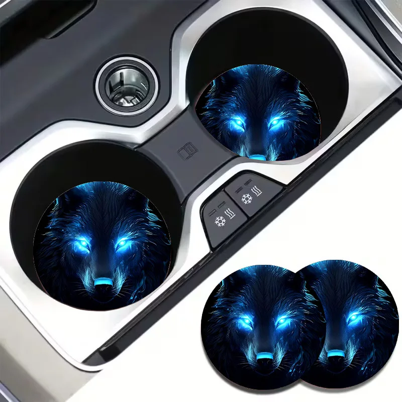 Blue Mystical Wolf Car Leather Coaster Set 2Pcs Anti Scratch Cup Insert Mat 2.75