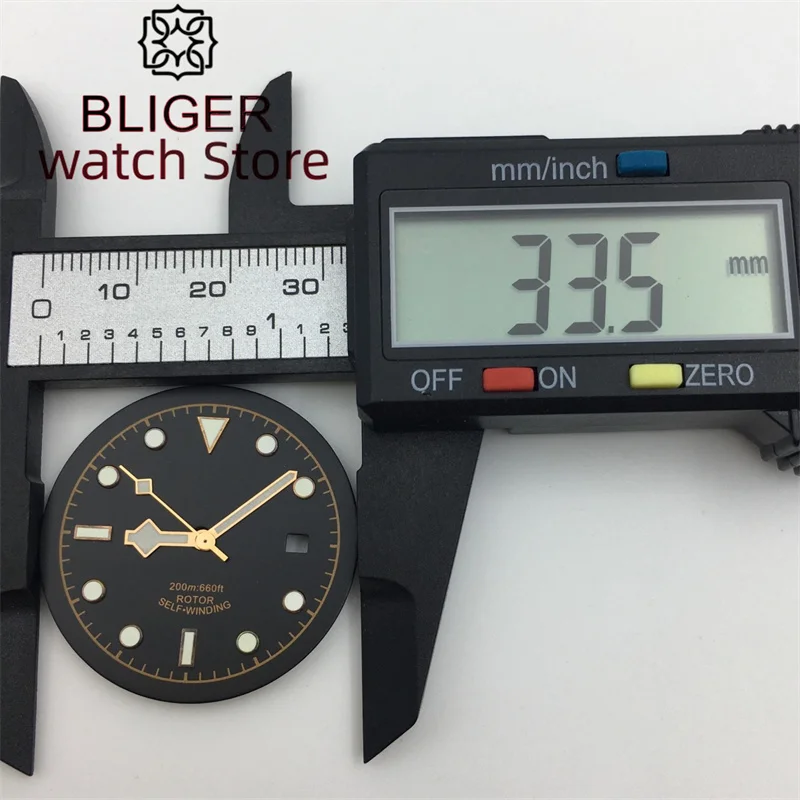 BLIGER/ Custom Logo NH35 Dial 33.5mm luminous black dial with Hands fit NH35 NH36 PT5000 ETA2836 2824 Miyouta DG series movement